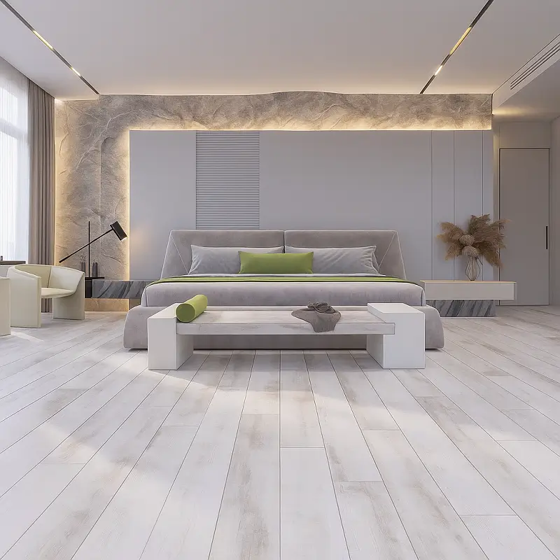 White Wood Flooring in Bedroom